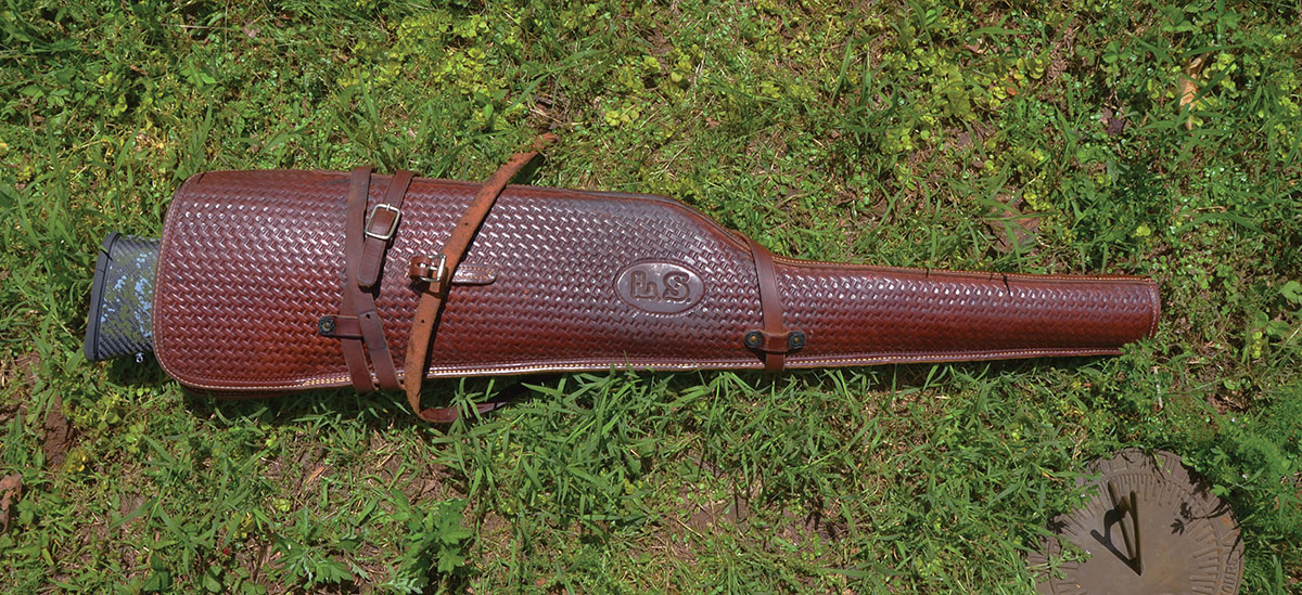 When hunting elk and other game in the mountains of the West, horseback has been Layne’s favorite mode of transportation for about 50 years. He carries a rifle in this saddle scabbard made during the early 1970s by the Lawrence Leather Company. Its thinness, short overall length and feathery weight make the Howa 1500 Superlite shown here in the scabbard ideal for that method of carry.